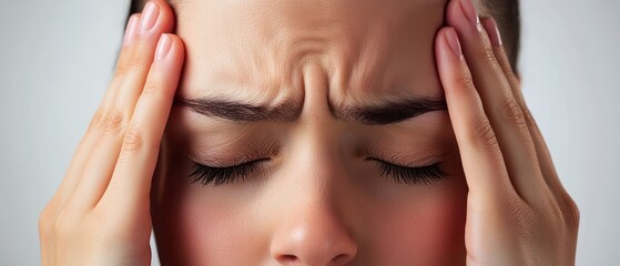 Obraz premium A woman experiencing stress, depicted by her facial expression and hand gesture, emphasizing the impact of pressure on mental health.