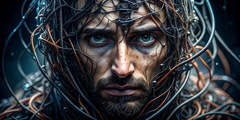 a close up of a dark eerie and abstract face cover with electronic wire