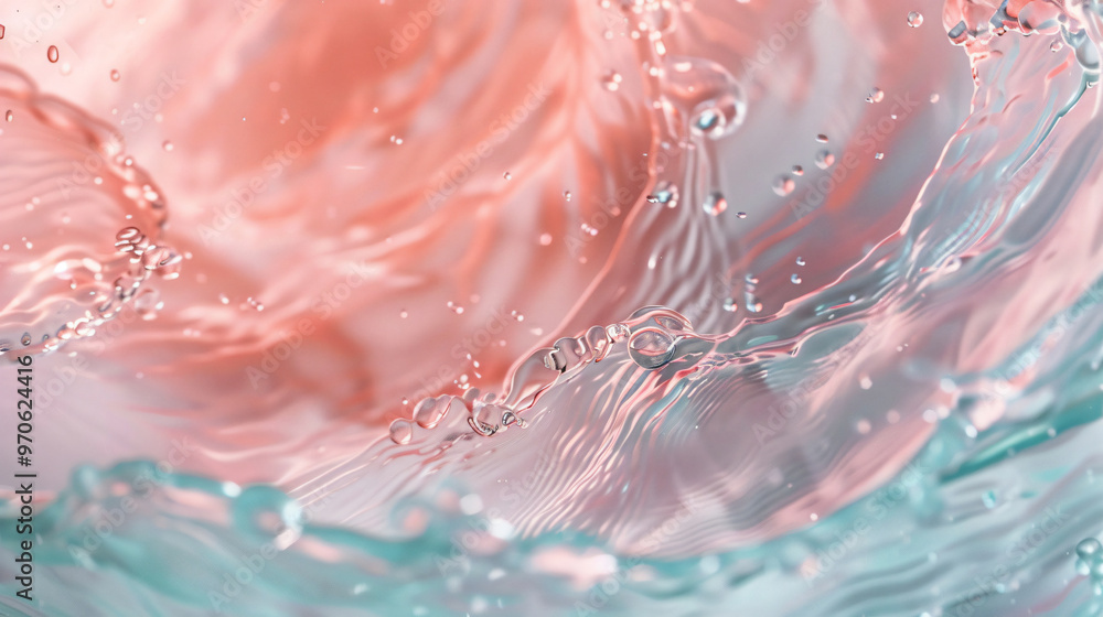Poster a close-up image of rippling water with shades of pink and turquoise, capturing the beauty of moveme