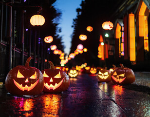Fototapeta premium Illuminated Halloween pumpkins on the city's street at night, with vibrant reflections on the asphalt, and a blurred background of lanterns glowing softly