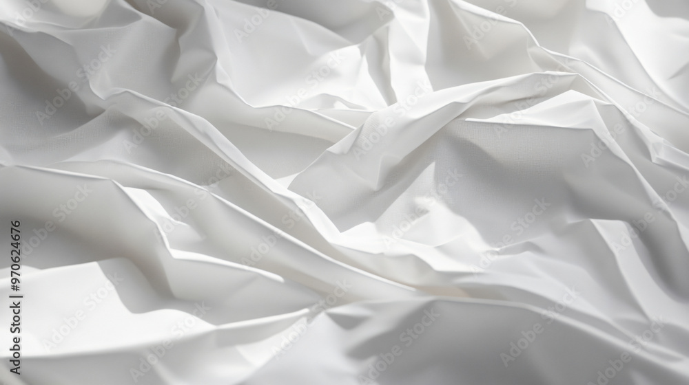 Poster a close-up image of crumpled white fabric, creating a textured and soft appearance that conveys simp