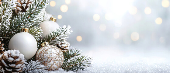 festive celebrate christmas eve background concept banner of xmas decorate ball and snow flake christmas tree white colour scheme mock up template seasonal design