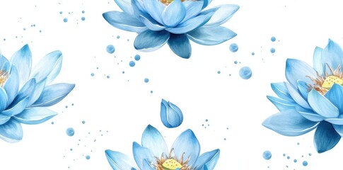 Boho blue lotus flowers in a spiritual pattern, depicted in watercolor style and seamlessly rendered on a white background.