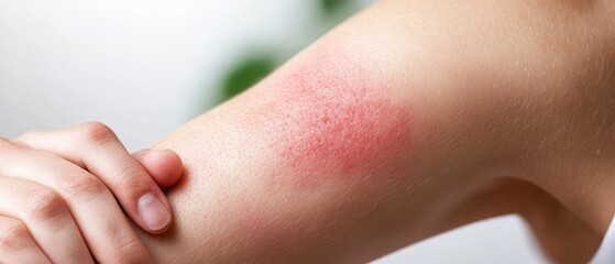 Fototapeta premium Close-up of a red rash on an arm, indicating skin irritation or allergic reaction that requires attention.