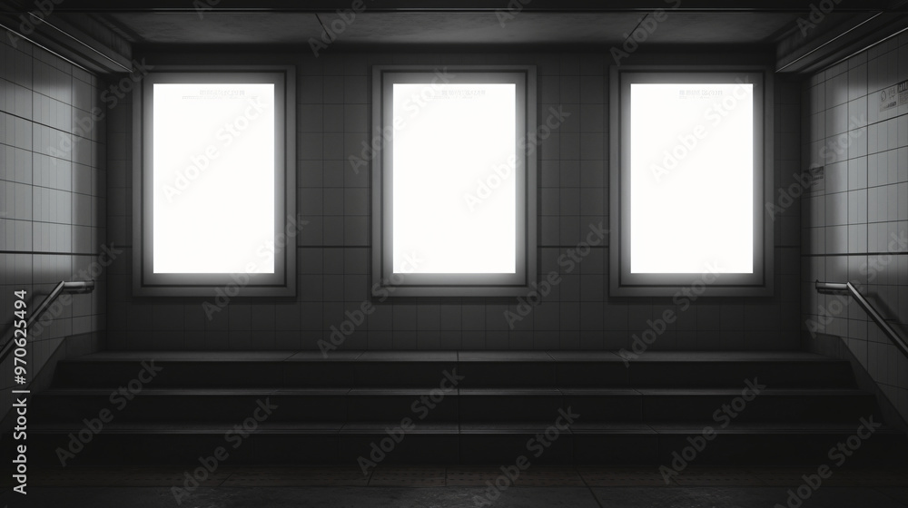 Poster a dimly lit corridor with three empty frames against a tiled wall, showcasing potential for creativi