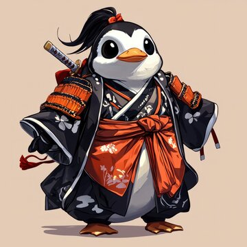 recommend clip art: Penguin Samurai in Traditional Japanese Kimono
