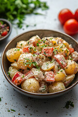 potato salad. on white stone background.