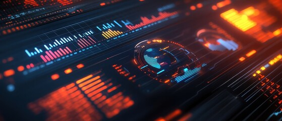 Obraz premium Futuristic digital interface with vibrant graphs and data visualizations, showcasing analytics and technology concepts.