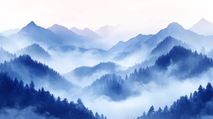 Misty Mountain Landscape with Blue Sky and Fog
