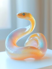 Fototapeta premium Bright colored frosted glass 3D snake floats on a white background, Cute, personified, placed on the white display rack in the exhibition hall for year of snake 2025