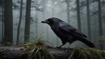 Fototapeta premium Raven in a Foggy Forest