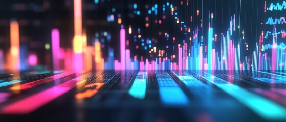 Obraz premium Vibrant digital data visualization with colorful graph lines and glowing elements showcasing analytics and technology.