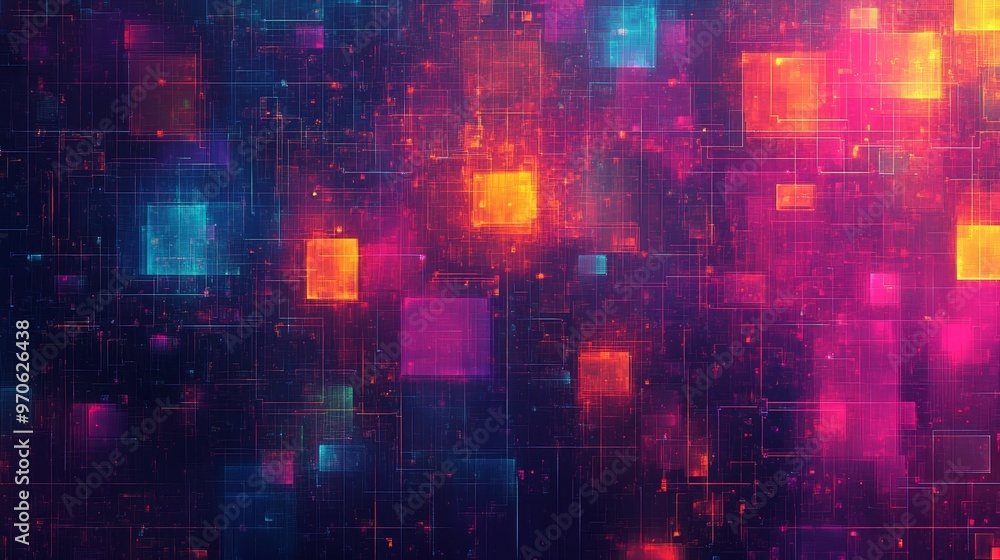 Poster abstract neon grid background with glowing squares