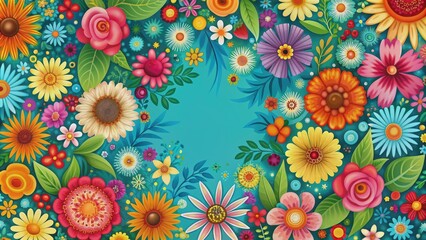 Colorful and vibrant floral pattern with blooming flowers and whimsical details, floral, fantasy, botanical, textile, background