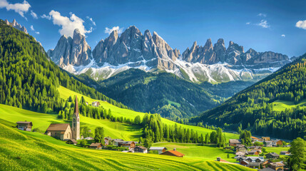 A picturesque landscape depicting a charming village nestled in lush green fields, with majestic mountains in the background, under a clear blue sky.