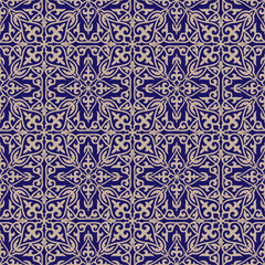 Ceramic tile stylization with blue ornaments. Geometric Seamless Pattern Arabesque blue and gold, patchwork. Azulejos portugal, Turkish ornament, Moroccan tile mosaic, Talavera ornament.