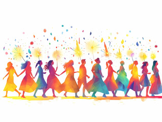 Vibrant Flat Cultural Procession Illustration: Abstract Light, Sparkler Highlights & Rangoli Patterns Create a Celebratory Atmosphere