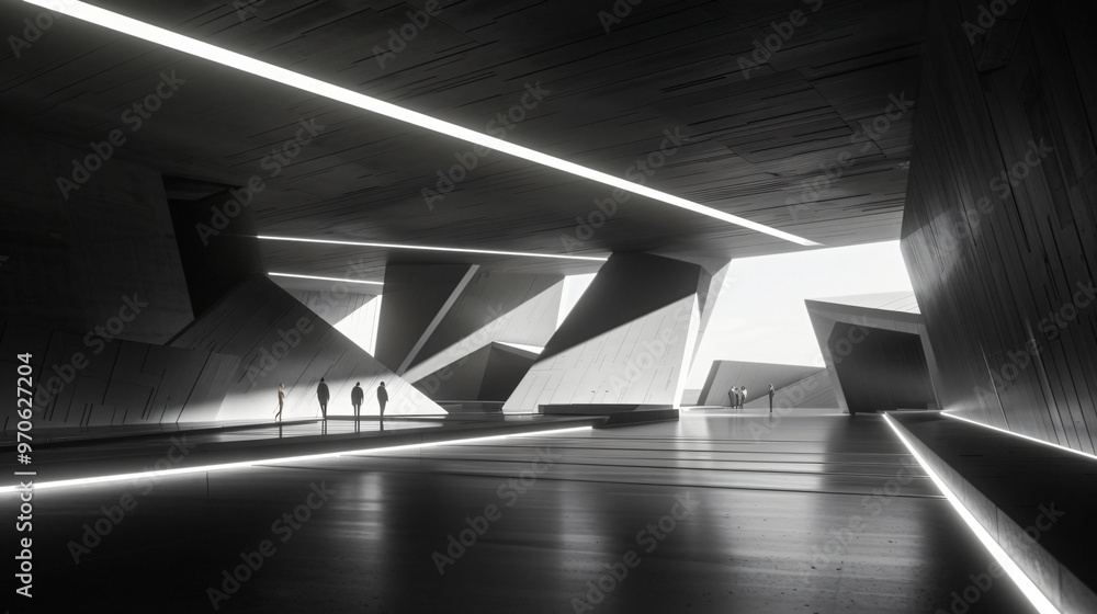 Poster an avant-garde architectural interior featuring sharp angles and dramatic lighting, creating a stark