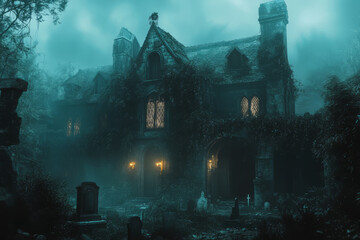Obraz premium Dark overgrown mansion shrouded in mist with tombstones. Spooky, eerie atmosphere