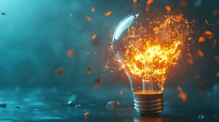 Dramatic 3D image of a light bulb bursting into flames, set against a blue backdrop, highlighting explosive action
