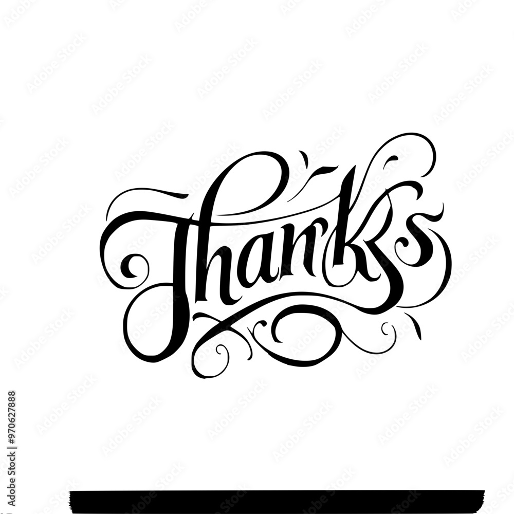 Poster the word “thanks” is written in ornamental cursive with elegant details on a plain background, creat