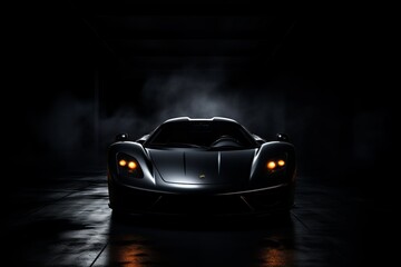 Sleek black supercar illuminated in a dark garage with a mysterious atmosphere at night