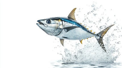 Fototapeta premium Dynamic image of a tuna fish leaping from the water, with a clean white background highlighting the fish movement