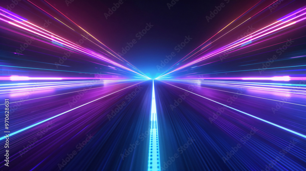Aufkleber a futuristic perspective view of light trails speeding towards a bright horizon, creating an illusio