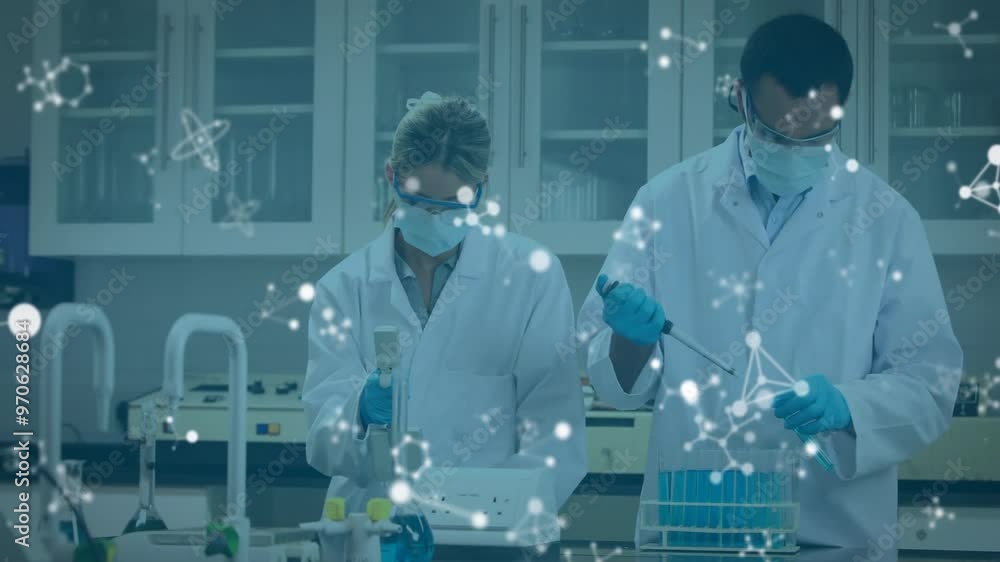 Poster animation of scientific data processing over diverse scientists in laboratory
