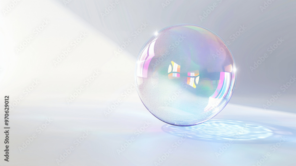 Poster a shimmering soap bubble resting on a smooth surface, reflecting soft light and colors, creating a d