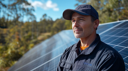 man working at solar panel factory - Green renewable energy concept