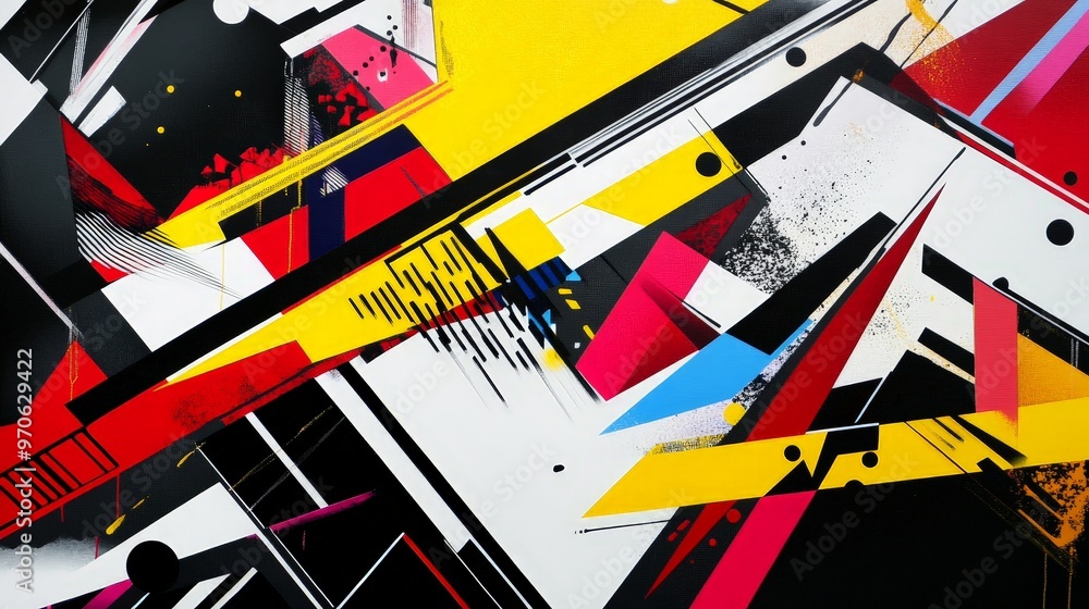 Poster picture an abstract artwork with sharp, angular forms and contrasting colors.