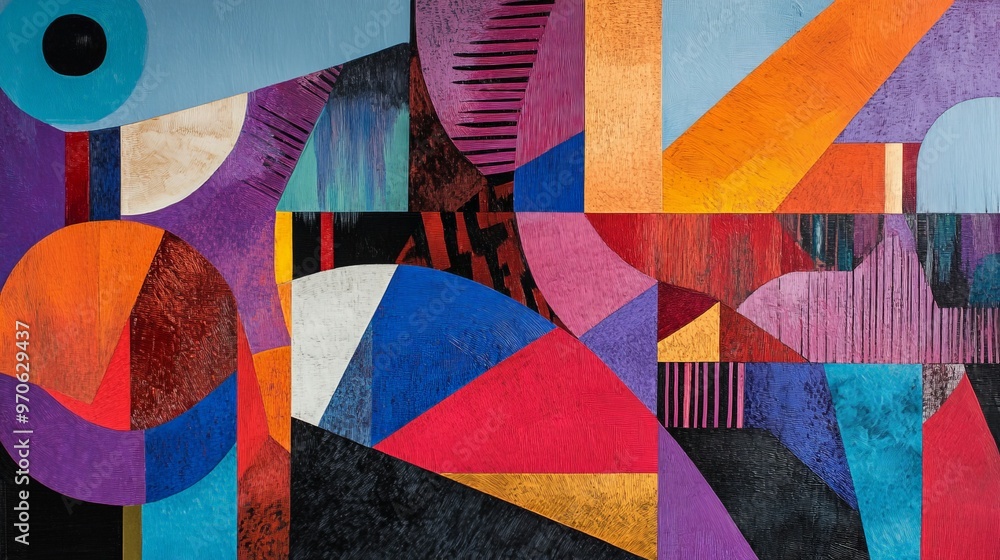 Poster picture an abstract artwork with sharp, angular forms and contrasting colors.