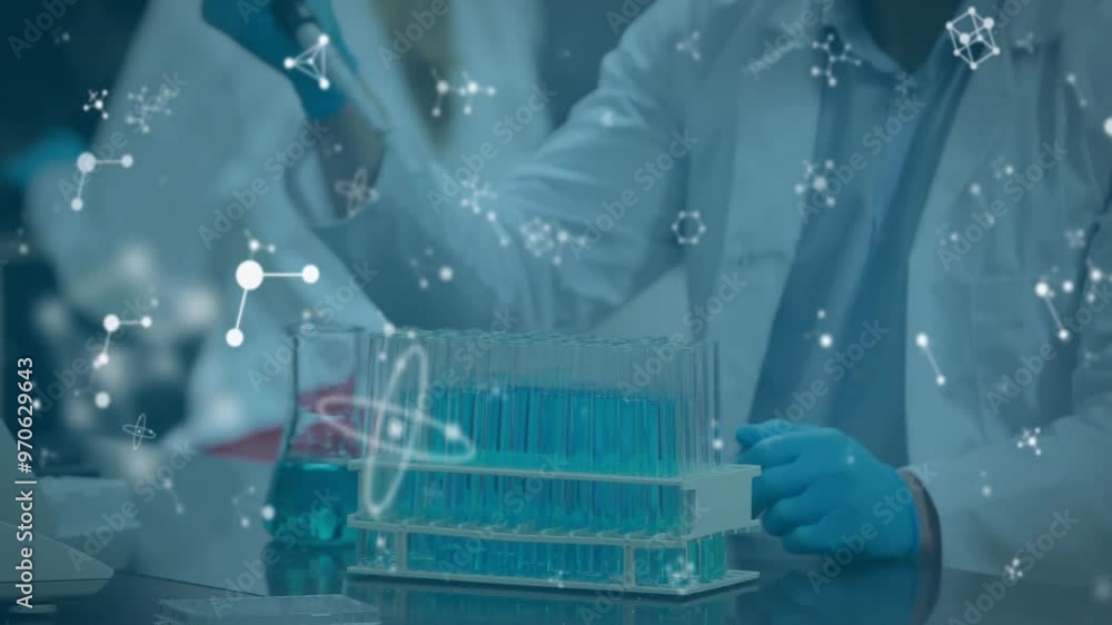 Poster animation of scientific data processing over diverse scientists in laboratory