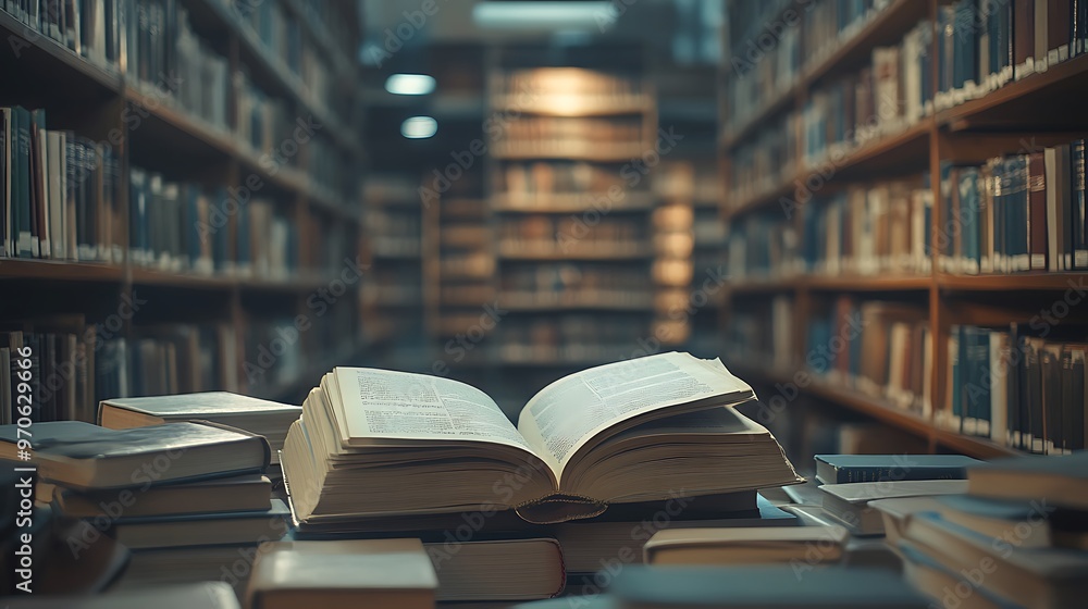 Poster open book in a library with rows of bookshelves