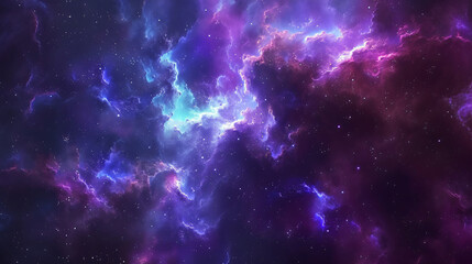 A stunning cosmic scene filled with vibrant clouds of purple and blue hues, scattered stars illuminating the vastness of space, evoking a sense of wonder.