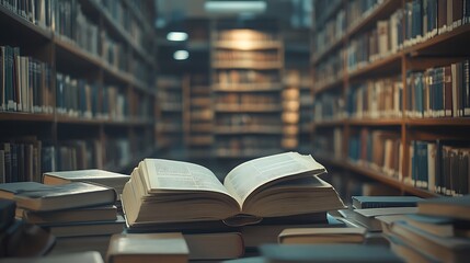 Fototapeta premium Open Book in a Library with Rows of Bookshelves