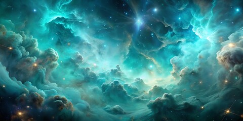 Fototapeta premium Cosmic teal and silver wallpaper featuring stunning nebula clouds in space
