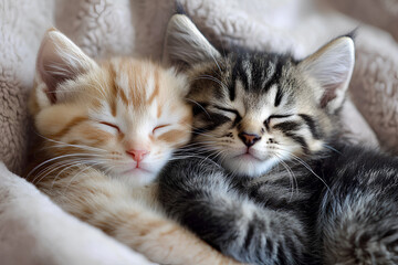 Two adorable kittens sleeping closely together, showcasing their cuteness and companionship.