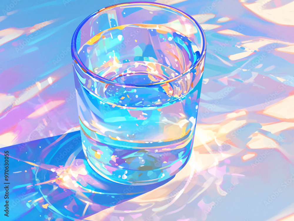 Poster a crystal-clear glass filled with water, surrounded by colorful reflections and light patterns on a 