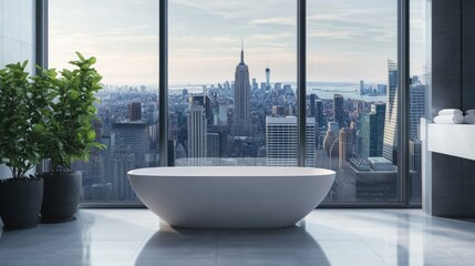 Fototapeta premium Elegant minimalist bathroom with a freestanding tub, large window, and panoramic city view, offering a calming space in a modern, urban environment
