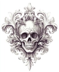 A detailed drawing of a human skull with ornate, symmetrical, floral embellishments surrounding it.