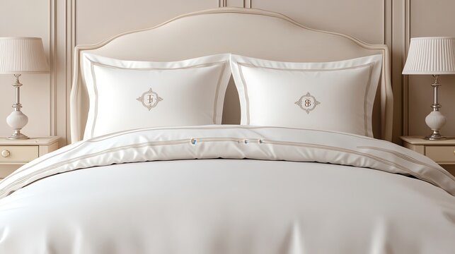 Monogrammed pillowcases in luxury bedding set, cozy home gift, 3D illustration