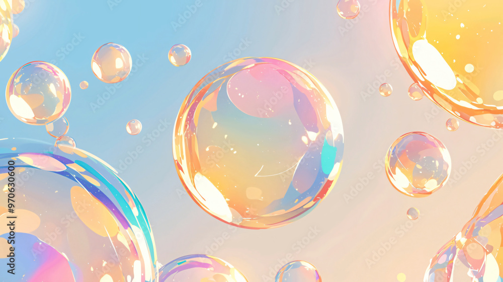 Poster a vibrant illustration of colorful soap bubbles floating against a soft gradient background, reflect