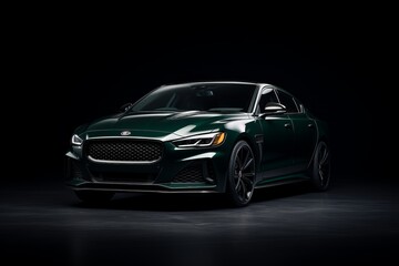 A sleek green luxury sedan parked in a dark studio showcasing its elegant design and performance