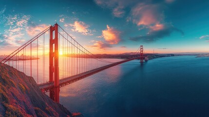 Fototapeta premium Panoramic view of the Golden Gate Bridge with sunset, blue sky and white clouds. Aerial panoramic view
