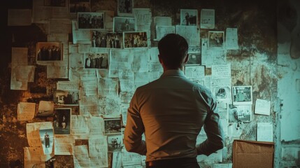 A Mysterious Investigator is Focused on Analyzing Clues Affixed to a Wall of Evidence and Leads