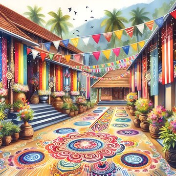 Festive Kerala Village Scene with Vibrant Traditional Banners and Colorful Pookalam Designs