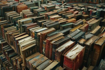 Fototapeta premium Books are arranged in a symphonic formation, evoking the harmony and rhythm of storytelling. 