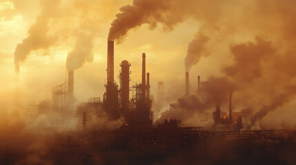 Heavy industrial machinery surrounded by air pollution and smog